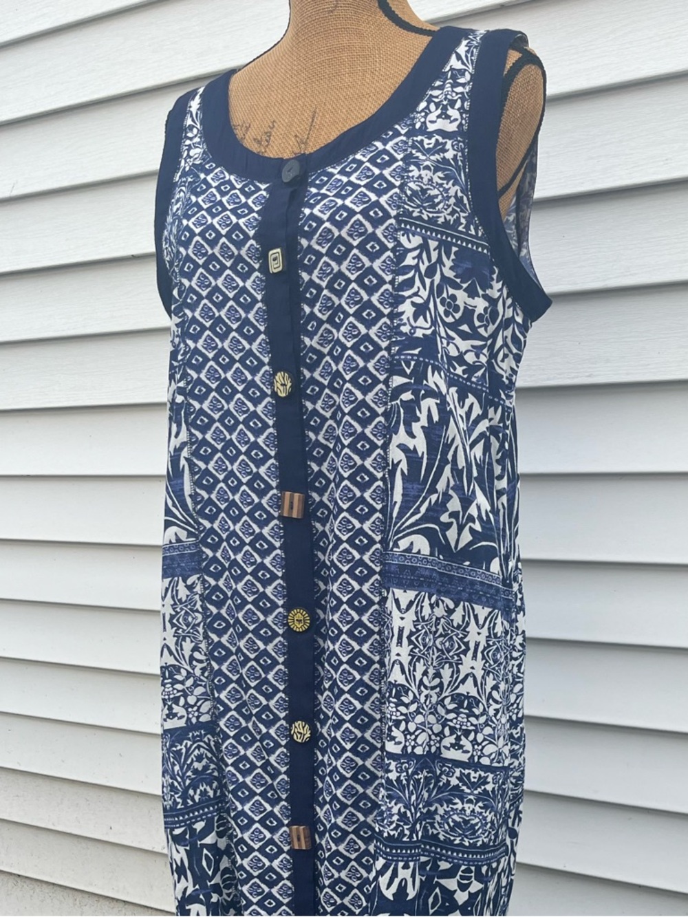 Vermont Country Store Midi Shift Dress Boho Button Front Blue White Size Large - Picture 2 of 12